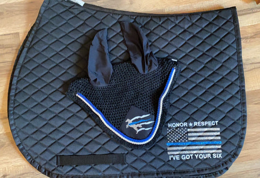 Custom police Thin Blue Line - Horse DRESSAGE saddle pad and bonnet