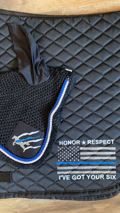 Custom police Thin Blue Line - Horse DRESSAGE saddle pad and bonnet