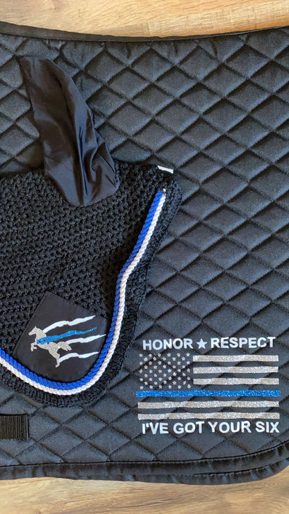 Custom police Thin Blue Line - Horse all purpose saddle pad and bonnet