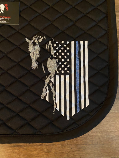 Custom police Thin Blue Line Flag and horse - Horse all purpose saddle pad