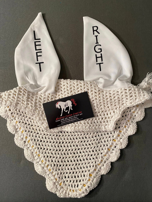 Custom horse bonnet - Smartpak Horse size. Matching pad and shirt available. Left Right Sit Back Heels Down